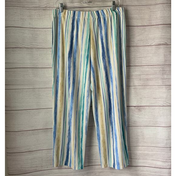 Susan Graver Blue Beige Striped Crop Wide Leg Pants or Capris Pockets Size M - Picture 4 of 12